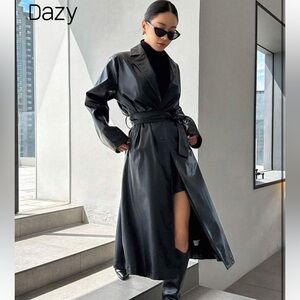 [6] DAZY Women’s Elegant Black pleather Trench Coat